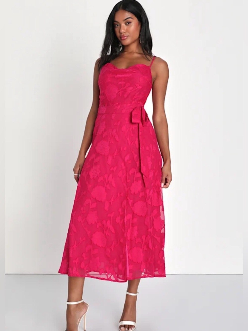 Lulus Dreamy Event Magenta Burnout Floral Faux Wrap Midi Dress Pink - Size S